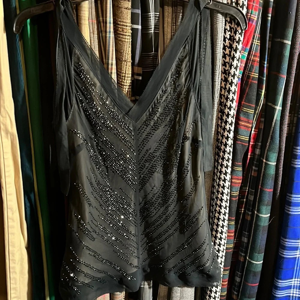 Express vintage Y2K double V black sheer lined & beaded cocktail tank top - Picture 1 of 6